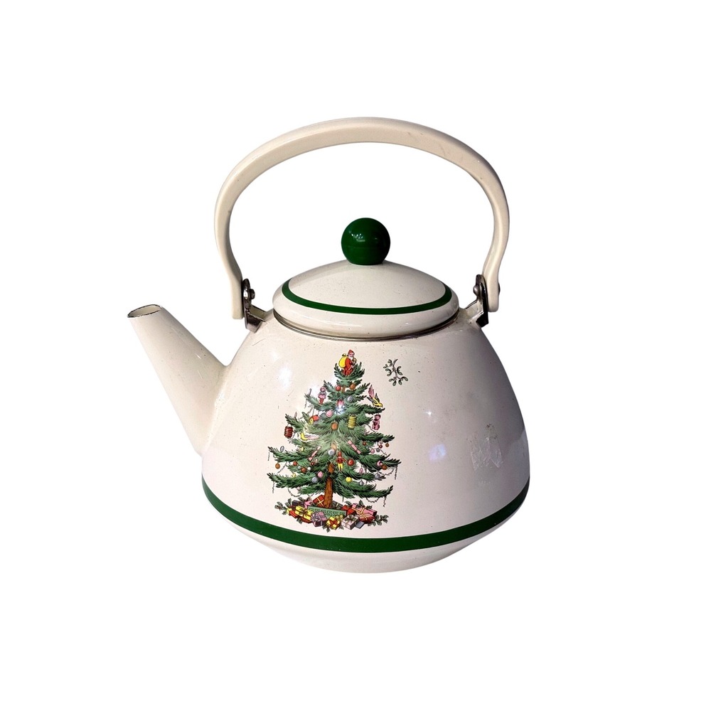 Vintage Spode Christmas Tree Enamel Teapot Kettle Cream Green Stovetop